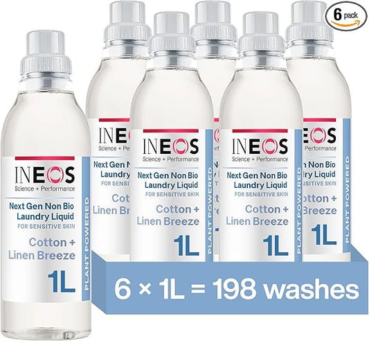 INEOS Non Bio Laundry Washing Liquid Detergent for Sensitive Skin, 198 Washes (6 x 1L) Stain Removal for Clothes, Plant Powered, Stress Relieving Fragrance, Vegan, Cruelty Free, Cotton + Linen Breeze