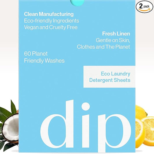 Dip Eco-Friendly Laundry Sheets Detergent | Plant Based, Plastic Free & Zero Waste | Perfect for Sensitive Skin | Fresh Linen | 60 Loads