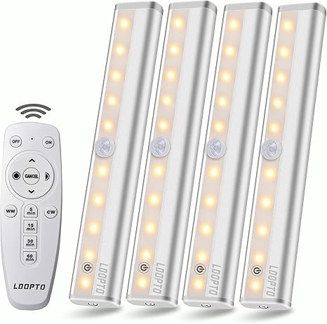 LDOPTO Under Cabinet Kitchen Lights with Remote Dimmable LED Cupboard Battery Powered LED Bedroom Lights with Timer for Kitchen Hallway, Multiple Colors 4 Pack [Energy Class A]