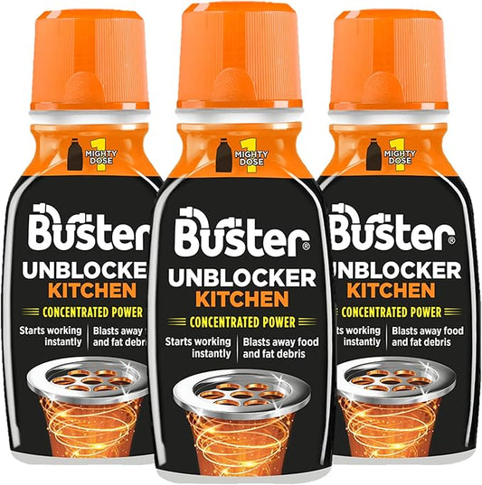 Buster Kitchen Plughole Unblocker (Pack of 3 x 150g) Fast-Acting Sink Unblocker Dissolves Fat, Food & Debris, Drain Cleaner Clears Blockages in Kitchen Sink Pipes