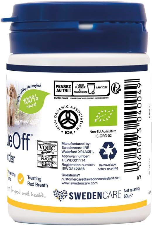 ProDen PlaqueOff Powder for Dogs & Cats, Tartar & Bad Breath Remover 100% Natural Teeth Cleaner and Plaque Remover 60 g