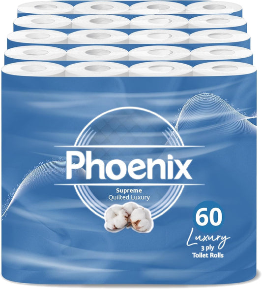 Phoenix Toilet Rolls – 60 Pack | 3 Ply Supreme Unscented Toilet Paper | Bulk Buy, Soft, Quilted, Sustainably Sourced, Eco- Friendly Luxury Bathroom Tissue