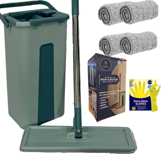 *Bundle *Floor Mop and Bucket Set(Gloves Inc) − Easy and Simple Squeeze Mop Bucket, Flat Mop with 4-Pack Replacement Machine Washable Microfibre Mop Pads for All Floors Types (Green)