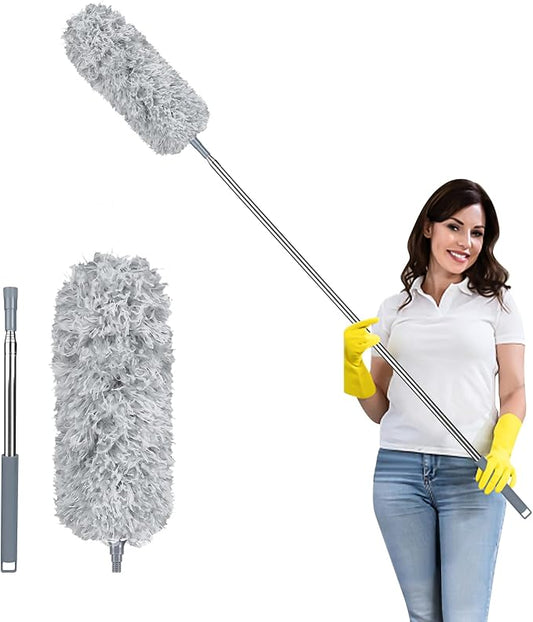 2026 Upgraded Extendable Feather Duster with Soft Silicone Cap, Telescopic Long Handled Microfiber Dusters for Cleaning, Cobweb High Ceiling Fan Roof Blinds Cars, Washable & Bendable