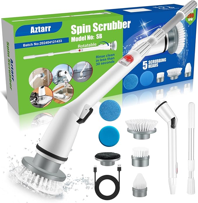 Electric Spin Scrubber Cordless Shower Cleaner Bathroom Cleaning Brush Scrubbing with Tool Free Adjustable Extension Arm and 5 Replaceable Heads for Tile Tub Kitchen Floor Bathroom, White
