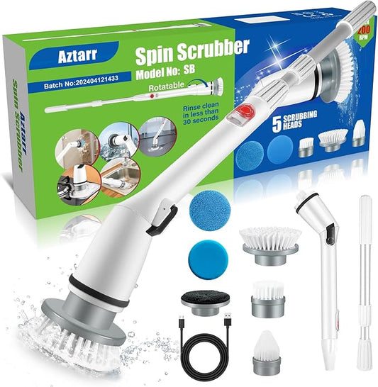 Electric Spin Scrubber Cordless Shower Cleaner Bathroom Cleaning Brush Scrubbing with Tool Free Adjustable Extension Arm and 5 Replaceable Heads for Tile Tub Kitchen Floor Bathroom, White