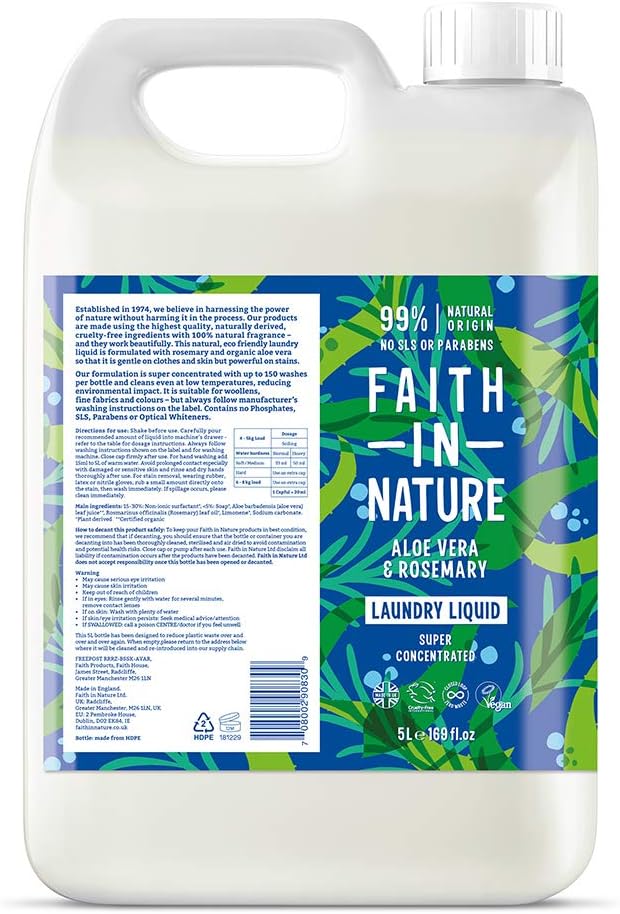 Faith In Nature Natural, Super Concentrated, Laundry Liquid with Aloe Vera and Rosemary Oil, Vegan and Cruelty Free, No SLS, Parabens or Phosphates, 5 L Refill Pack, 5 l (Pack of 1)