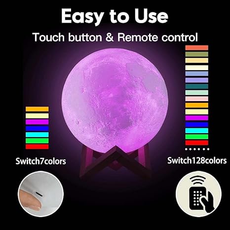 ACED Moon Lamp Upgrade 128 Colors, 3D Printing Night Light with Wooden Stand Remote & Touch Control and USB Rechargeable Gift for Her Him Kids Women Men Birthday