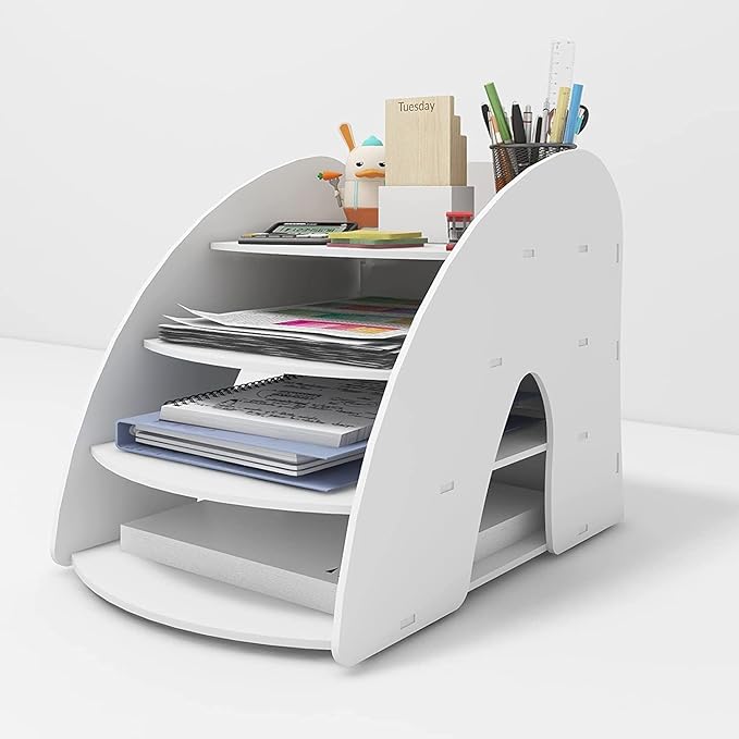 PUNCIA 4-Tier Letter Tray Desk Organiser A4 File Rack Paper Sorter Storage Desktop White Office Supplies Mail File Holder Document Notebook Stationery Storage Rack for Home Office School