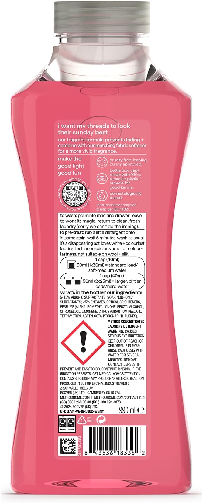 method Concentrated Laundry Detergent, Washing Liquid Fresh Peony Blush Scent,1 x 33 Washes, 1x 990ml