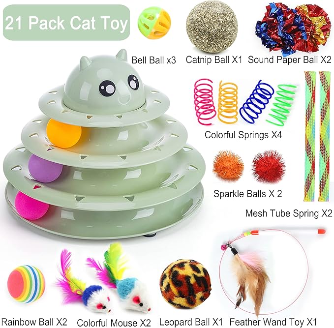 Suhaco 21 Pack Cat Toys for Indoor Cats Interactive Kitten Toy Fun Roller 3 Level Cats Ball Toys with Catnip Ball Self Play Cat Feather Wand Kitty Toy for Boredom (Green)