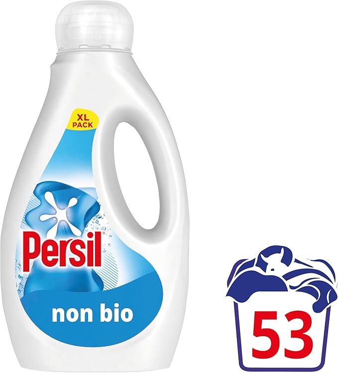 Persil Non Bio Laundry Washing Liquid Detergent outstanding stain removal in quick & cold washes tough on stains, gentle next to sensitive skin 53 washes (1.431 L), Packaging May Vary