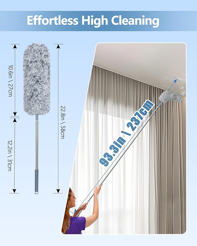 2026 Upgraded Extendable Feather Duster with Soft Silicone Cap, Telescopic Long Handled Microfiber Dusters for Cleaning, Cobweb High Ceiling Fan Roof Blinds Cars, Washable & Bendable