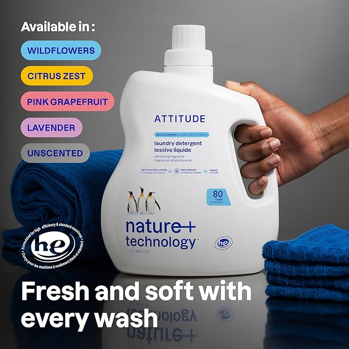 ATTITUDE Liquid Laundry Detergent, EWG Verified, HE Compatible, Plant-Based & Vegan, Natural Laundry Soap, Citrus Zest Scent, 80 Loads, 2 Liters