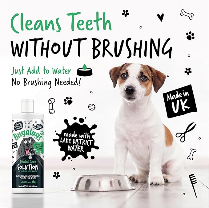 BUGALUGS Dog Breath Freshener Dental Care Water Additive. Clean Teeth, Healthy Gums & Fresh Breath - Natural Dog plaque remover & tartar remover for teeth - No Brushing Needed 500ml