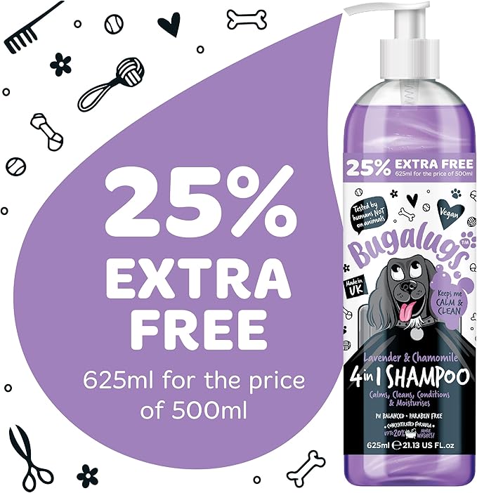 Bugalugs Lavender & Chamomile 4-in-1 Dog Shampoo and Conditioner - Professional Pet Grooming for Smelly Puppies - Vegan Formula (625ml)