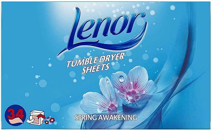 2 Pack of Lenor Tumble Dryer Fabric Conditioner Sheets Spring Awakening, 34 Sheets for Clean & Soft Fabrics and Essential Fragrance with Revitalising Scent