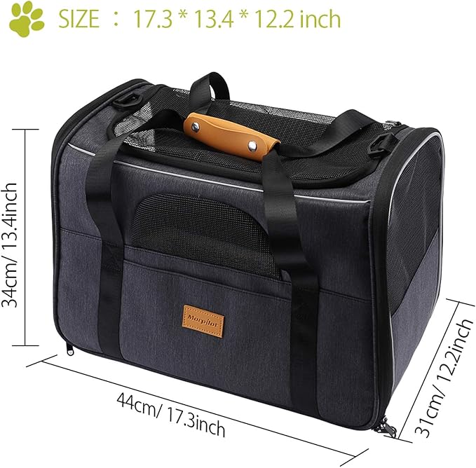 Morpilot Cat Carrier - Airline Approved, Top Opening Portable Dog Bag with Breathable Mesh/Removable Mat, Adjustable Shoulder Strap & Bowl, Foldable Travel Cage, M, Grey (Max 7kg)