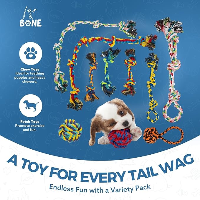 Fur & Bone 10 Pcs Dog Toys - All Breeds Indestructible Dog Toy - Chew Toys for Aggressive Chewers - Natural Cotton Puppy Tug of War Rope - for Boredom, Pulling, Teeth Cleaning