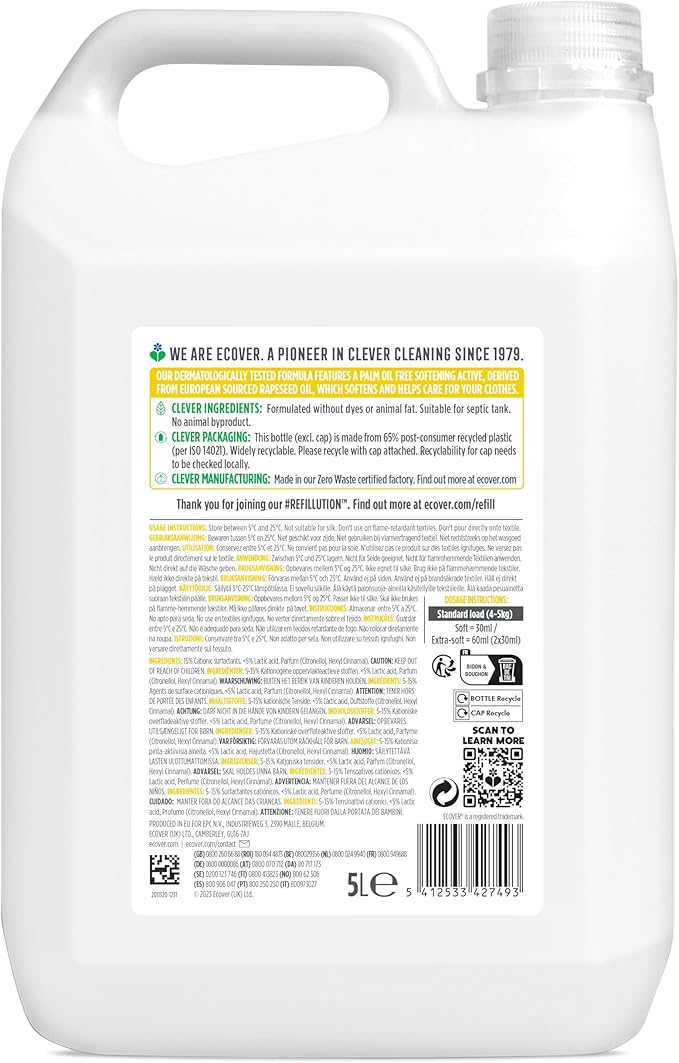 Ecover Fabric Softener Refill, Fabric Conditioner, Fresh Gardenia & Vanilla Scent, Softens and Cares for Your Clothes, 5L