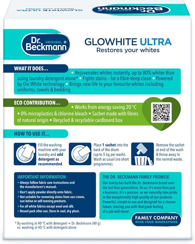 Dr. Beckmann Glowhite Ultra|Maintains brighter white laundry |Treats Greying | 4 x 40 g x 6