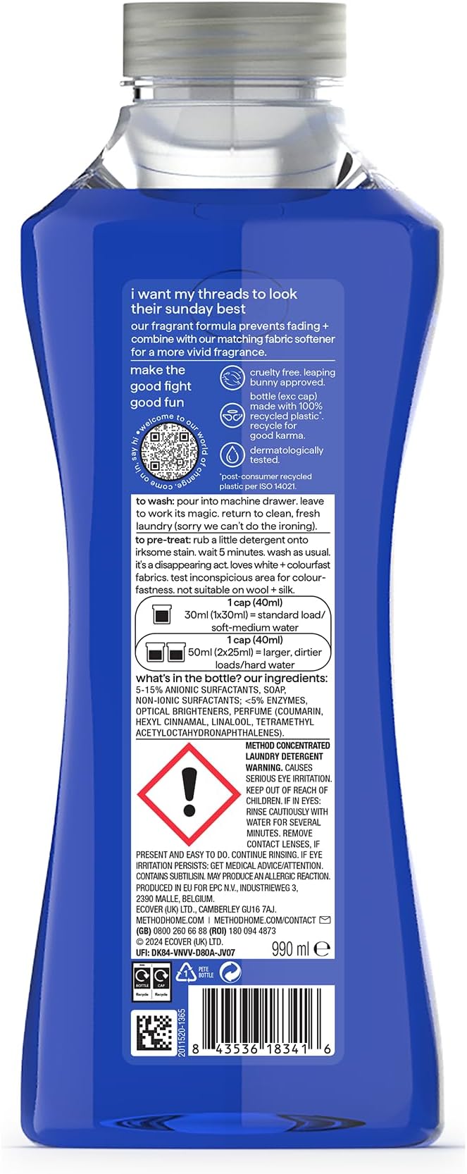method Concentrated Laundry Detergent, Washing Liquid Fresh Berry Scent, 1 x 33 Washes, 1 x 990ml