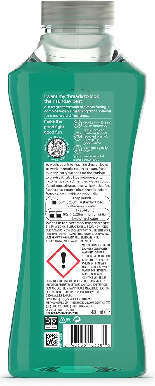 method Concentrated Laundry Detergent, Washing Liquid Fresh Tropical Coconut Scent, 1 x 33 Washes, 1 x 990ml