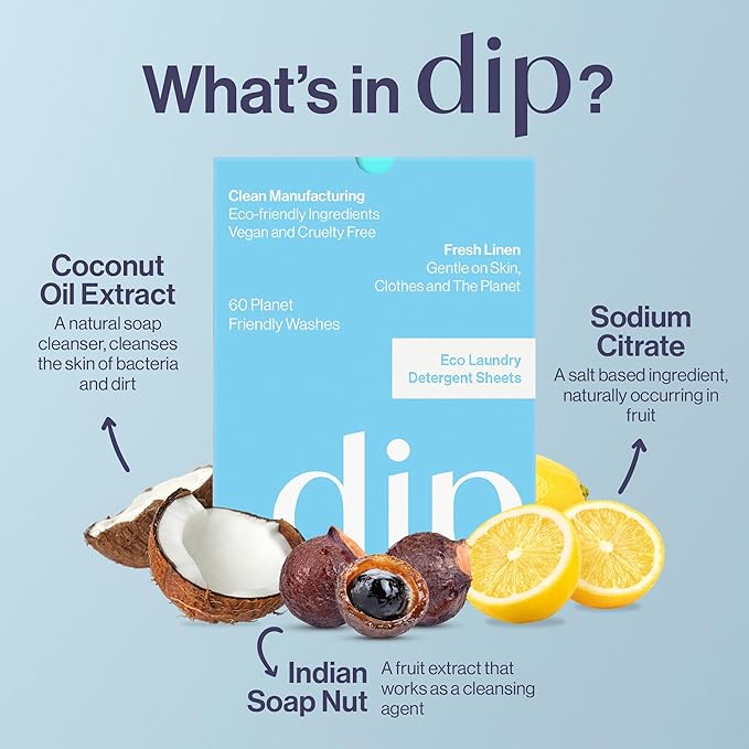 Dip Eco-Friendly Laundry Sheets Detergent | Plant Based, Plastic Free & Zero Waste | Perfect for Sensitive Skin | Fresh Linen | 60 Loads