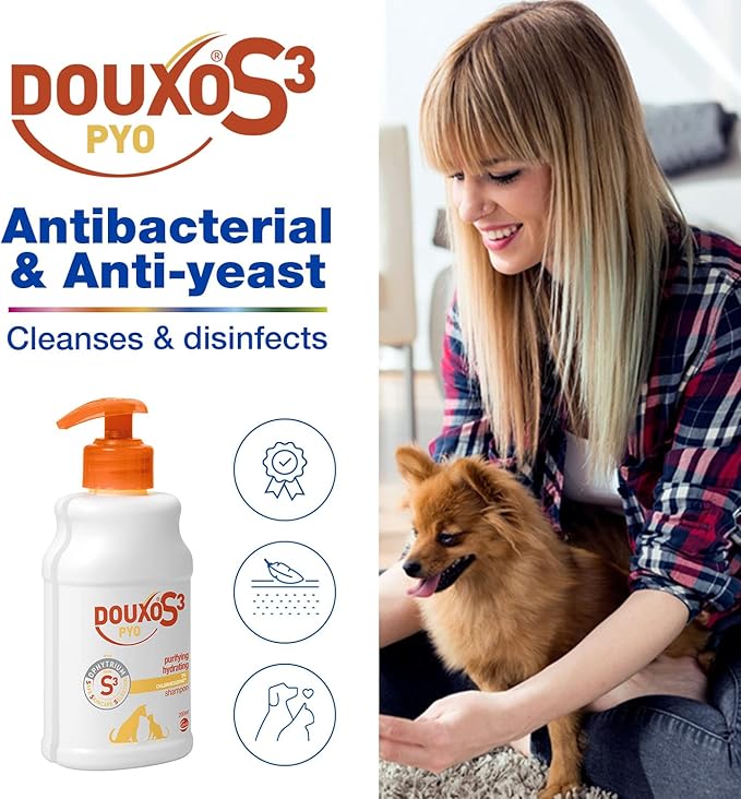 DOUXO S3 PYO Antibacterial and Antifungal Dog and Cat Shampoo - Hypoallergenic Fragrance - Veterinary Recommended and Clinically Proven - Created with dermatologists - Safe Skincare Selection - 200ml