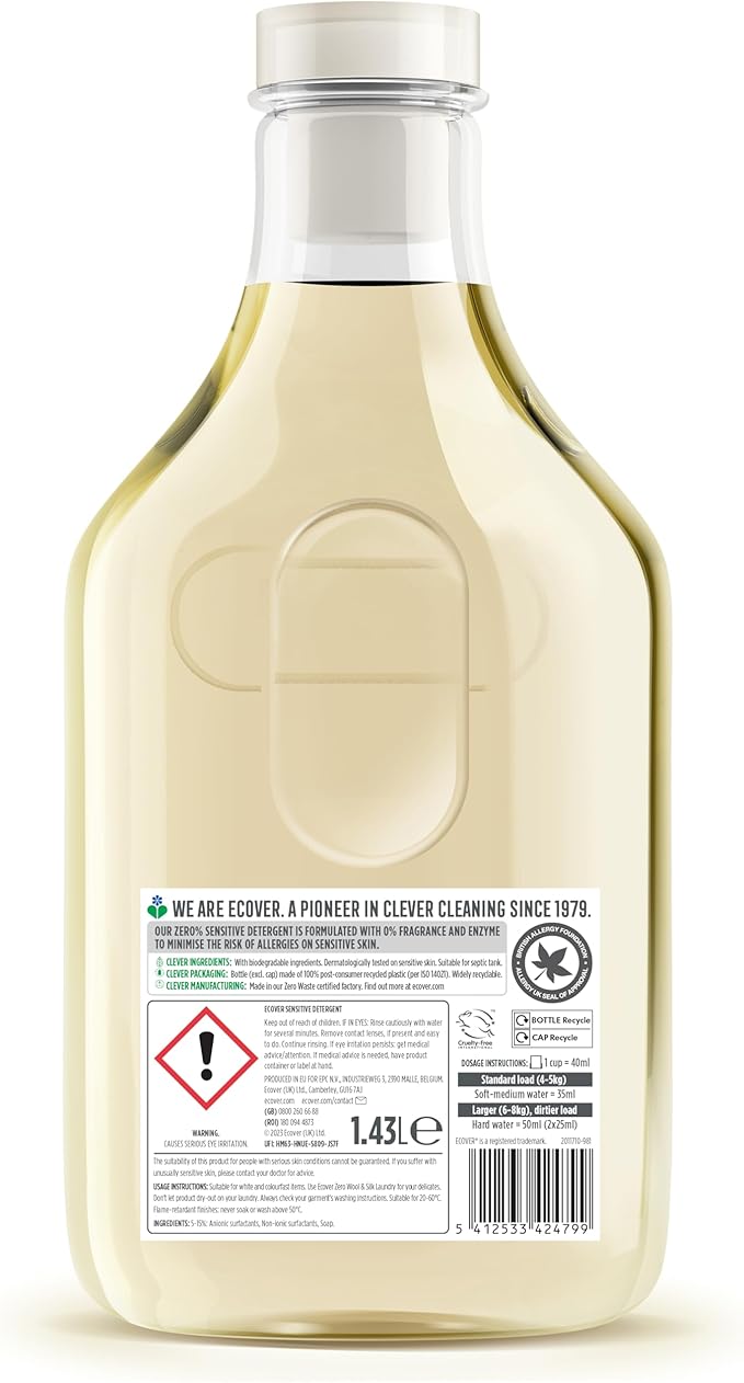 Ecover Zero Non-Bio Laundry Detergent, Laundry Washing Liquid, For Sensitive Skin, Baby Laundry 1 x 40 Washes, 1 x 1.43L