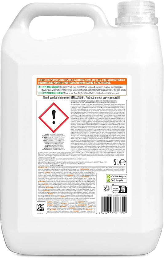 Ecover Floor Soap Refill, Multi-Surface Floor Soap For A Bright Finish, Orange and Lemon Scent, Pack of 1, 1 x 5L