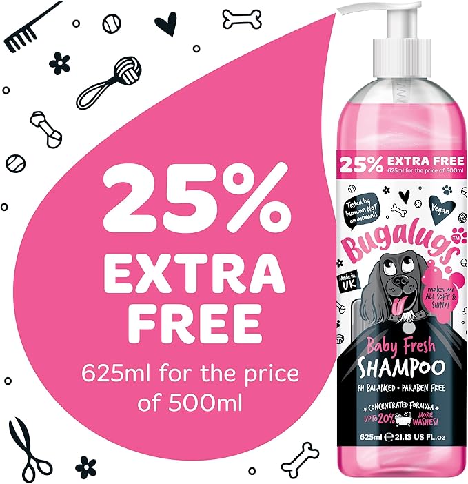 BUGALUGS Baby Fresh Dog Shampoo grooming products for smelly dogs with baby powder scent, best puppy shampoo, Vegan pet shampoo professional (625ml)