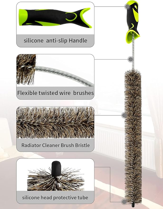 Radiator Cleaner Brush Thin Long 81cm Boar Bristles, Radiator Duster Brush Long Thin Bendable Flexible with Easy Grip Handle, Radiator Brushes for Cleaning Dust Inside Vanes and Backside