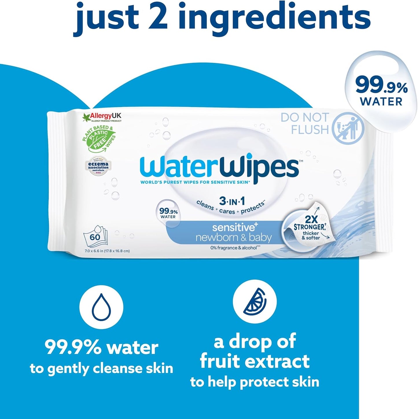 WaterWipes Sensitive+ Newborn & Baby Wipes 360 Count (6 Packs) – 99.9% Pure Water, Unscented, Plastic-Free, 3-in-1 Clean, Care & Protect for Sensitive & Eczema-Prone Skin