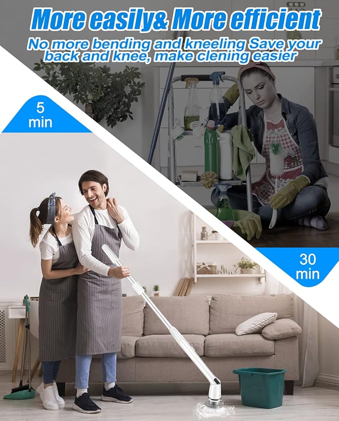 Electric Spin Scrubber Cordless Shower Cleaner Bathroom Cleaning Brush Scrubbing with Tool Free Adjustable Extension Arm and 5 Replaceable Heads for Tile Tub Kitchen Floor Bathroom, White