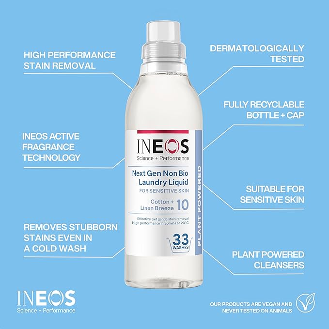 INEOS Non Bio Laundry Washing Liquid Detergent for Sensitive Skin, 198 Washes (6 x 1L) Stain Removal for Clothes, Plant Powered, Stress Relieving Fragrance, Vegan, Cruelty Free, Cotton + Linen Breeze