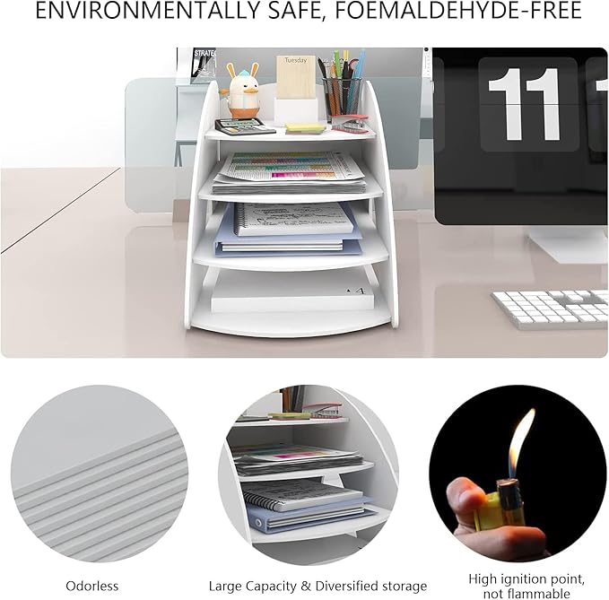 PUNCIA 4-Tier Letter Tray Desk Organiser A4 File Rack Paper Sorter Storage Desktop White Office Supplies Mail File Holder Document Notebook Stationery Storage Rack for Home Office School