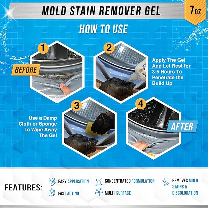 Mould Stain Remover Gel Cleaner - ACTIVE Heavy Duty Stain Cleaner for Front Loader Washing Machine Seal, Rubber Gasket, Bathroom Grout, Shower, Caulk - Front Load Washer Cleaning Solution - 7 Fl Oz