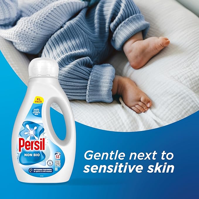Persil Non Bio Laundry Washing Liquid Detergent outstanding stain removal in quick & cold washes tough on stains, gentle next to sensitive skin 53 washes (1.431 L), Packaging May Vary