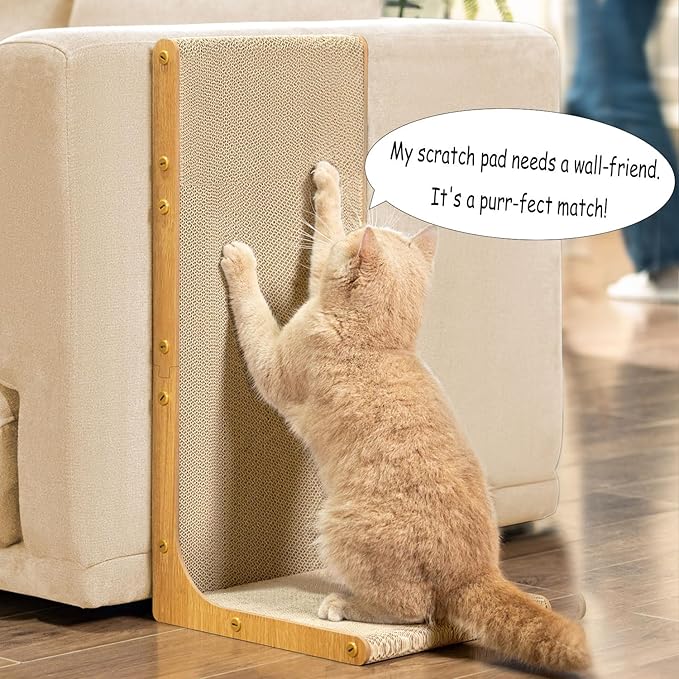 Conlun Cardboard Cat Scratcher,58 cm L Shape Scratch Pad Wall Mounted,Vertical Scratching Post Durable Cardboard to Protect Furniture for Indoor Cats,Wood Grain Large