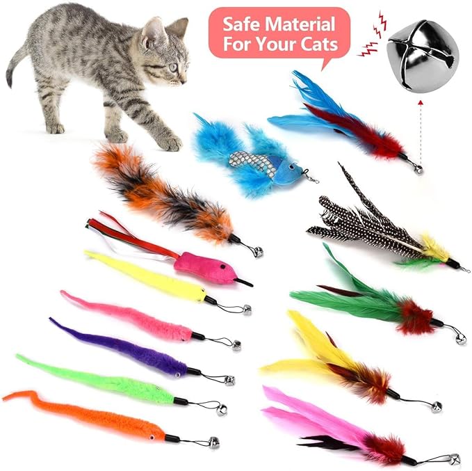 Cat Toys for Indoor Cats Adult: Interactive Kitten Feather Wand Toys - 15Pcs Cat Teaser Toys