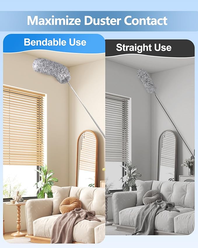 2026 Upgraded Extendable Feather Duster with Soft Silicone Cap, Telescopic Long Handled Microfiber Dusters for Cleaning, Cobweb High Ceiling Fan Roof Blinds Cars, Washable & Bendable