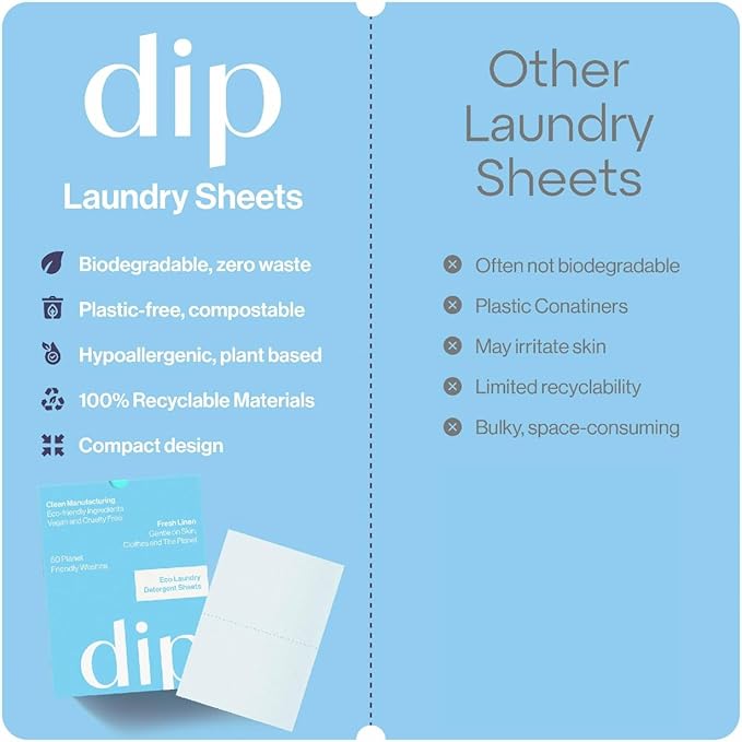Dip Eco-Friendly Laundry Sheets Detergent | Plant Based, Plastic Free & Zero Waste | Perfect for Sensitive Skin | Fresh Linen | 60 Loads