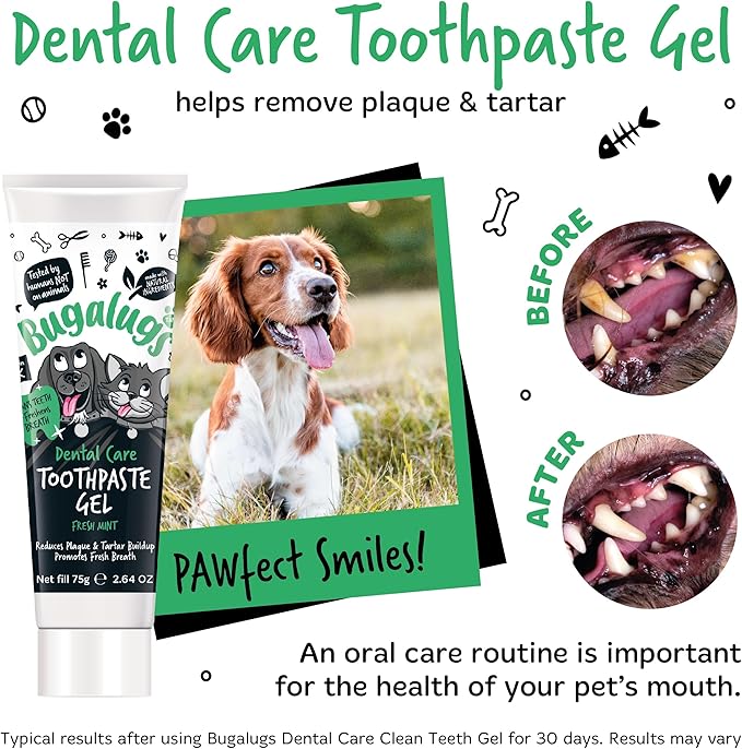 Bugalugs Dog and Cat Dental Care Kit: Toothpaste, 2 Finger Cat Toothbrushes, Dog Toothbrush for Plaque Removal and Fresh Breath
