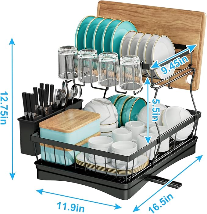 7 code Large Dish Drying Rack for Kitchen Counter,Detachable Large Capacity Dish Drainer Organizer with Utensil Holder,2-Tier Dish Drying Rack with Drain Board,Black