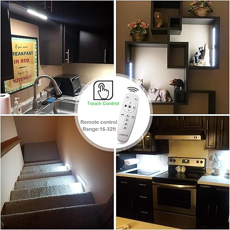 LDOPTO Under Cabinet Kitchen Lights with Remote Dimmable LED Cupboard Battery Powered LED Bedroom Lights with Timer for Kitchen Hallway, Multiple Colors 4 Pack [Energy Class A]