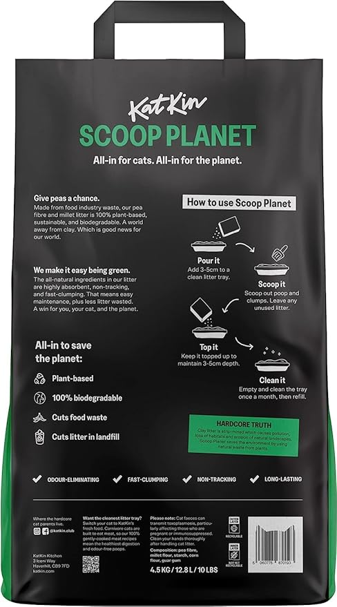 KatKin Scoop Planet Litter (2x4.5kg/12.8L bag): KatKin's upgraded Tofu litter, Plant-Based, 100% Biodegradable, Non-Tracking, Clumping Cat Litter Made With Non-Toxic, Eco-Friendly Pea fibre & Millet