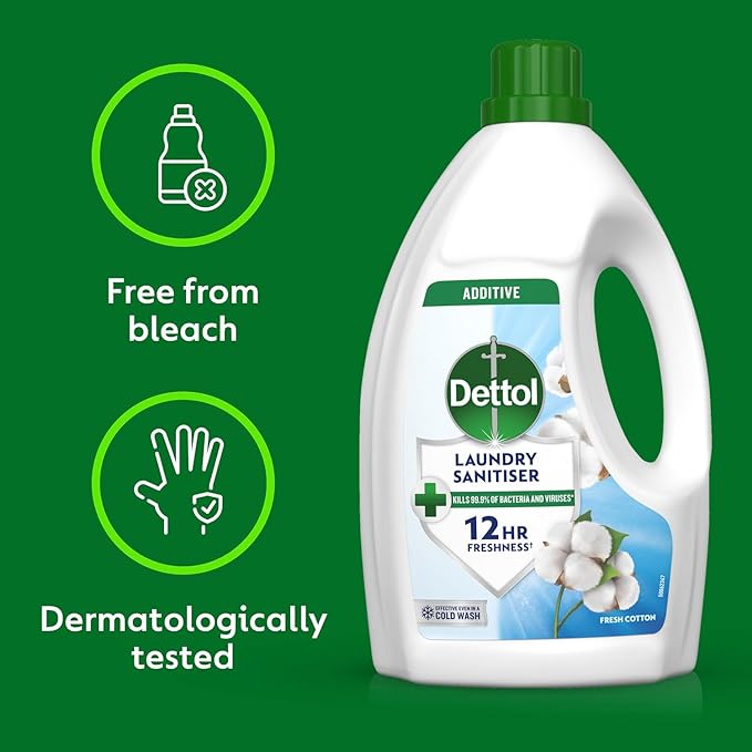 Dettol Laundry Sanitiser, Antibacterial, Fresh Cotton, 6L (1.5L x 4pck) 12hr Freshness, Hygienically Clean, Removes Odour, Kills 99.9 Percent of Bacteria