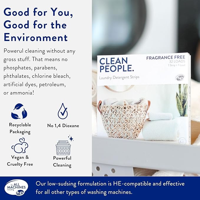 Clean People Laundry Detergent Sheets - Recyclable Packaging, Hypoallergenic, Stain Fighting - Ultra Concentrated, Laundry Soap - Fresh Scent, 32 Pack