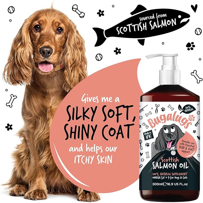 Bugalugs Scottish Salmon Oil For Dogs & Cats, Dog Supplement Support for Skin And Coat, Itchy Skin & Moulting, Omega 3 Fish Oil (Salmon, 500ml)